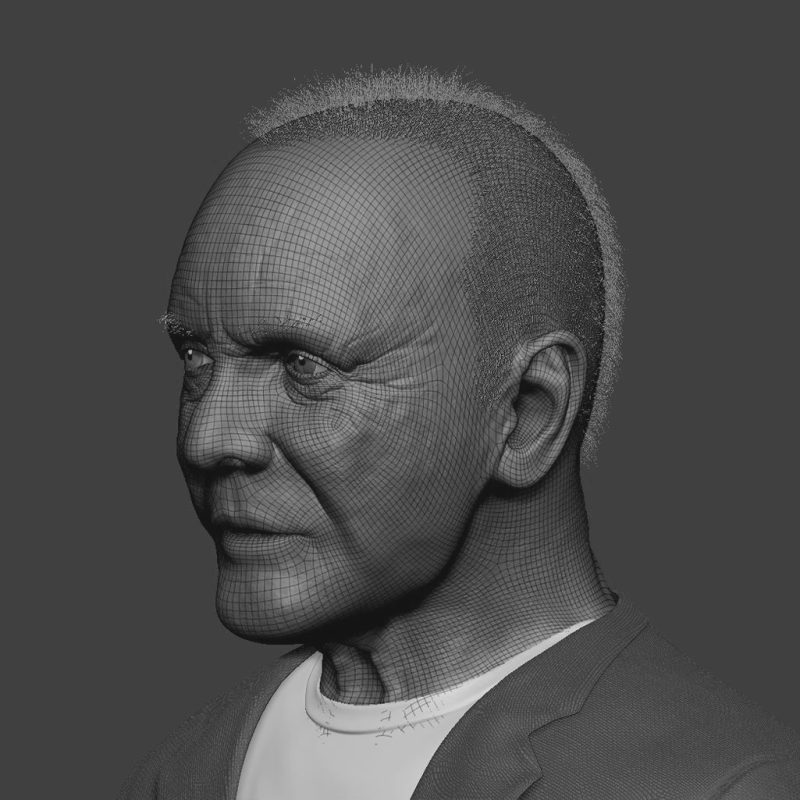 トポロジーが表示された老人の顔のＣＧ斜めアングル