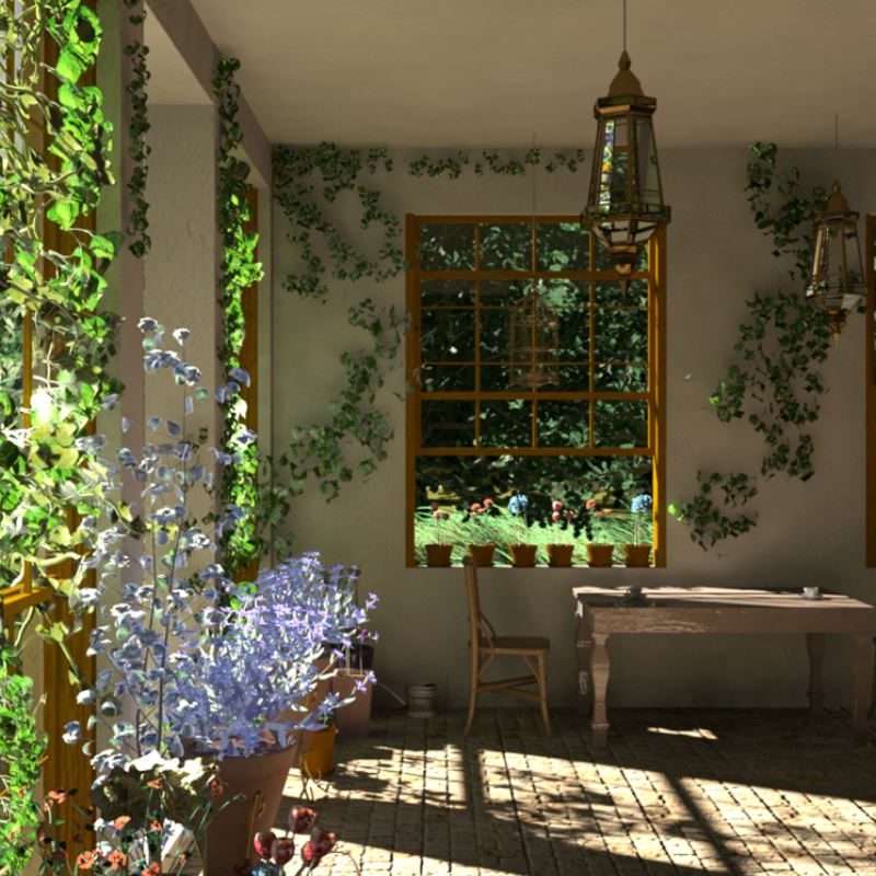 花の咲いているサンルームの3DCG